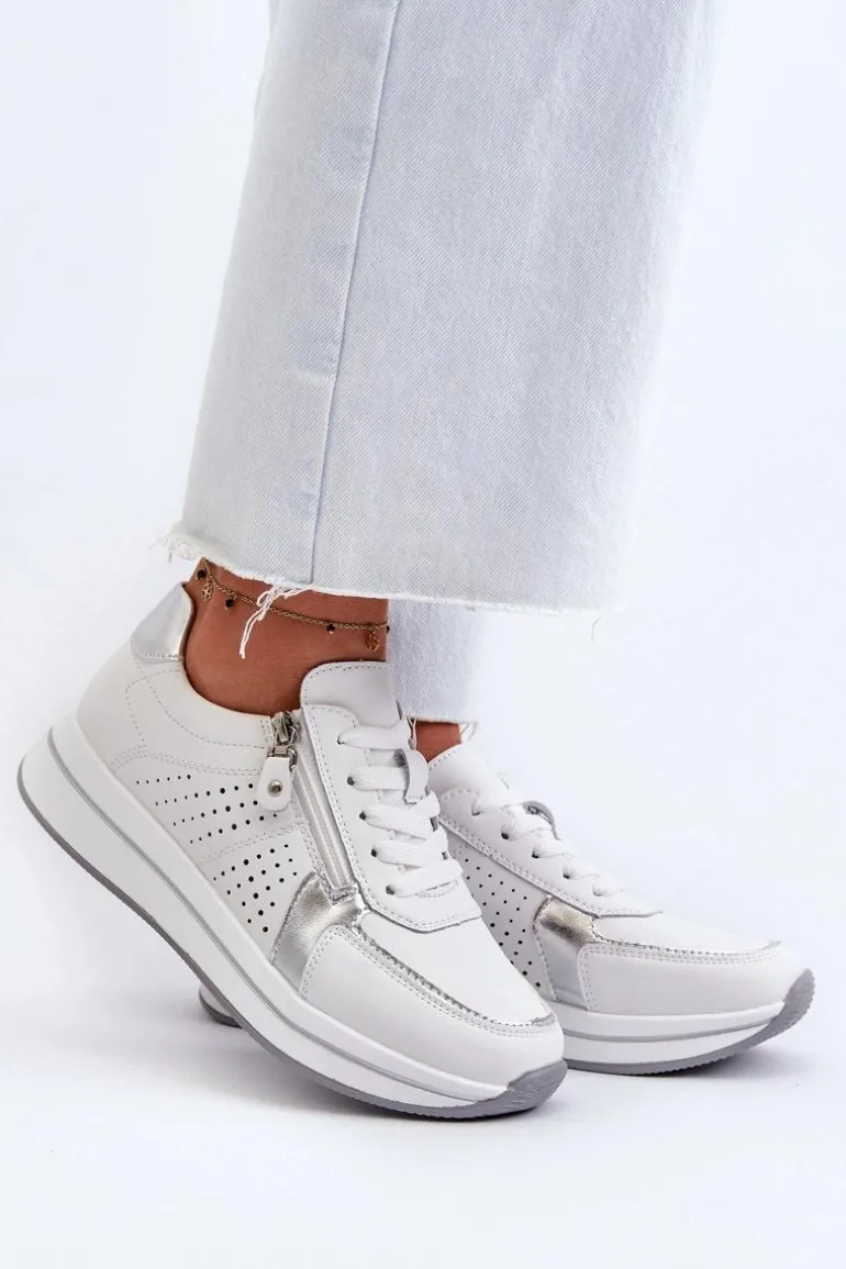 Damskie Skórzane Sneakersy Na Platformie Białe Ligustra