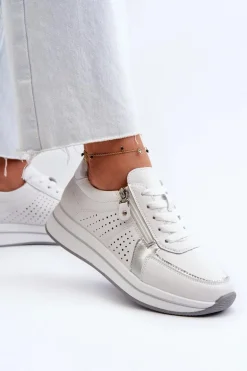 Damskie Skórzane Sneakersy Na Platformie Białe Ligustra