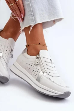 Damskie Skórzane Sneakersy Na Platformie Białe Ligustra