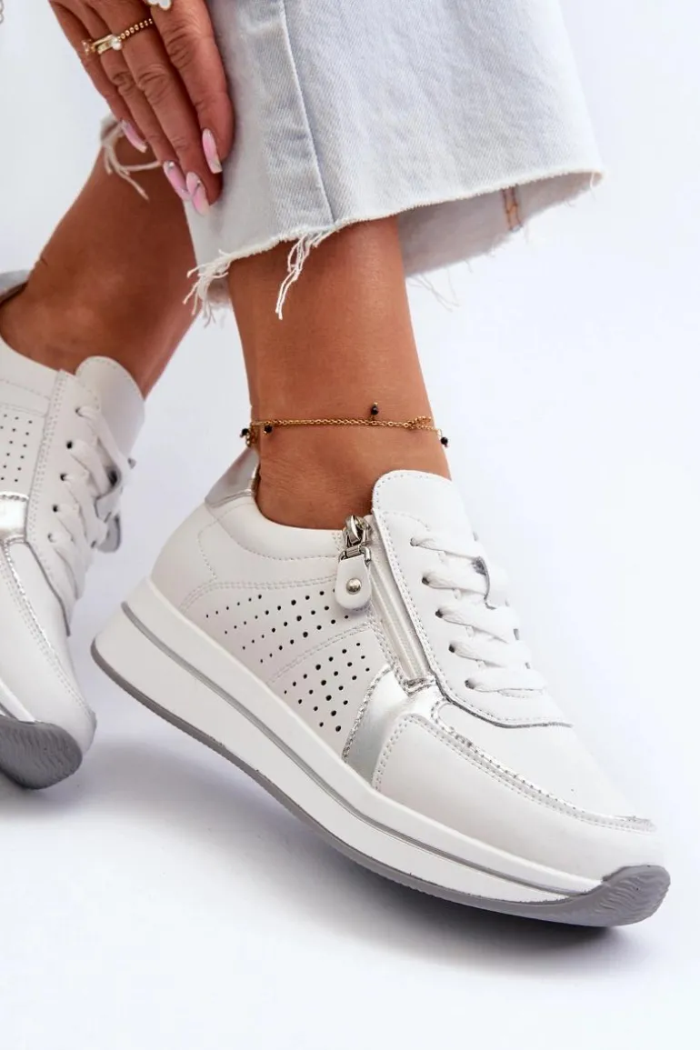 Damskie Skórzane Sneakersy Na Platformie Białe Ligustra
