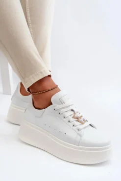 Damskie Skórzane Sneakersy Na Platformie Z Misiem Białe Vinceza 66641