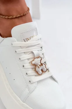 Damskie Skórzane Sneakersy Na Platformie Z Misiem Białe Vinceza 66641