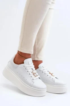 Damskie Skórzane Sneakersy Na Platformie Z Misiem Białe Vinceza 66641