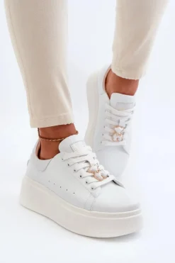 Damskie Skórzane Sneakersy Na Platformie Z Misiem Białe Vinceza 66641