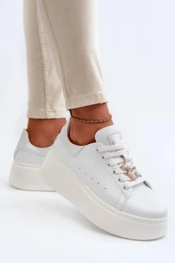 Damskie Skórzane Sneakersy Na Platformie Z Misiem Białe Vinceza 66641