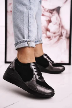 Damskie Skórzane Sneakersy Na Koturnie Czarne Srebrne Roxette