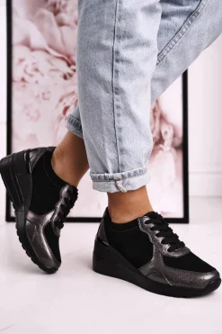 Damskie Skórzane Sneakersy Na Koturnie Czarne Srebrne Roxette