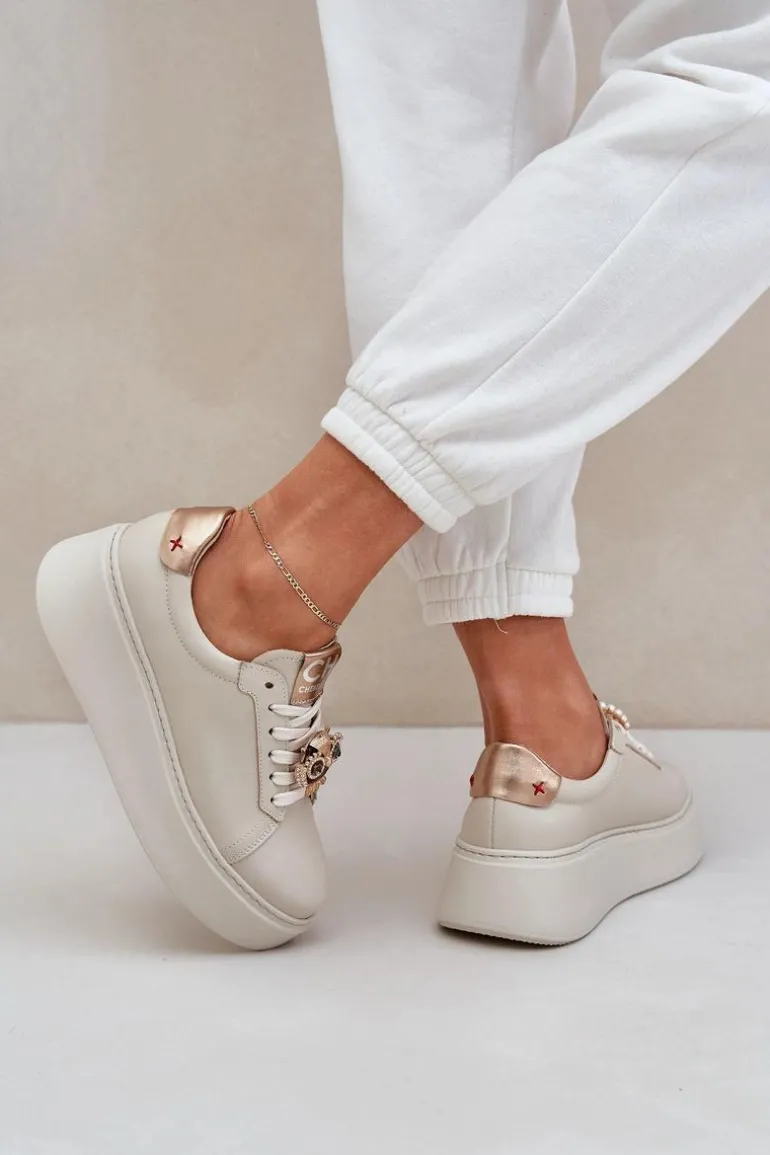 Damskie Skórzane Sneakersy CheBello 4411 Jasnobeżowe