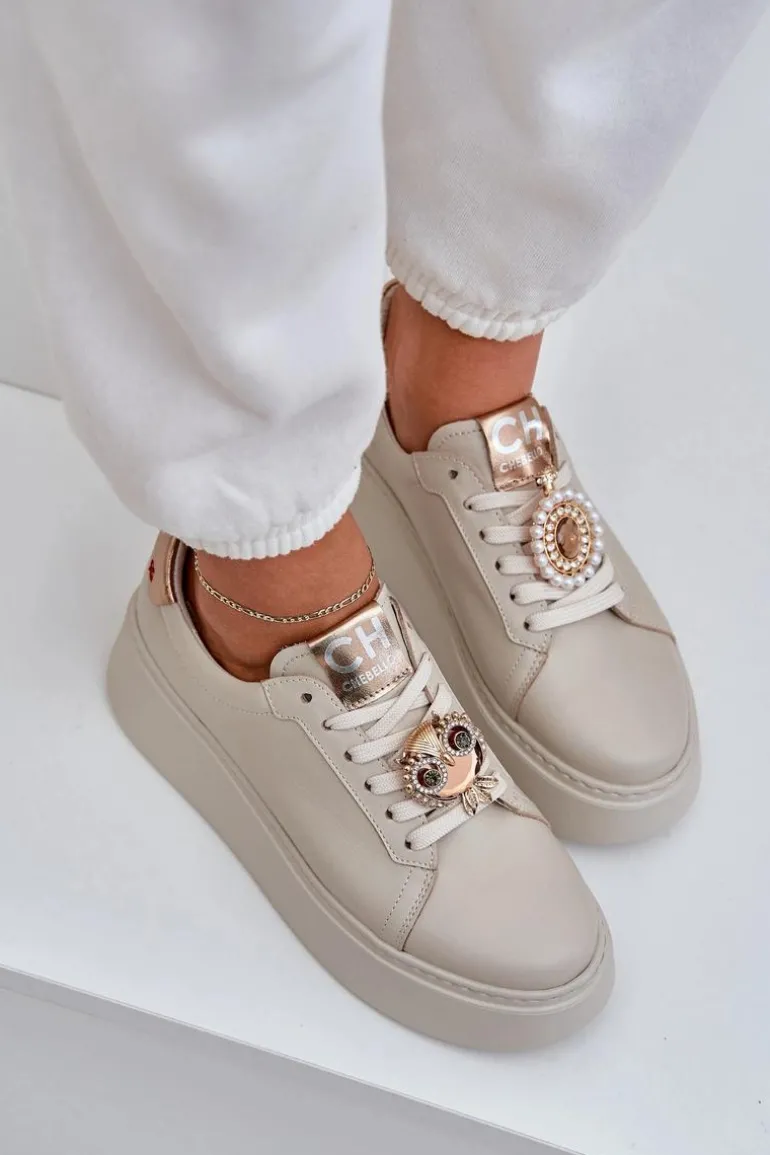 Damskie Skórzane Sneakersy CheBello 4411 Jasnobeżowe