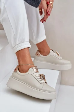 Damskie Skórzane Sneakersy CheBello 4411 Jasnobeżowe