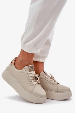 Damskie Skórzane Sneakersy CheBello 4411 Jasnobeżowe