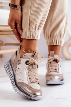 Damskie Skórzane Sneakersy Maciejka 04916-19 Beżowe
