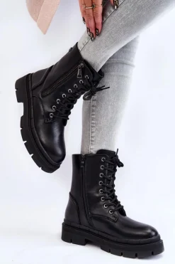 Damskie Skórzane Sznurowane Botki Trapery Czarne Shanna