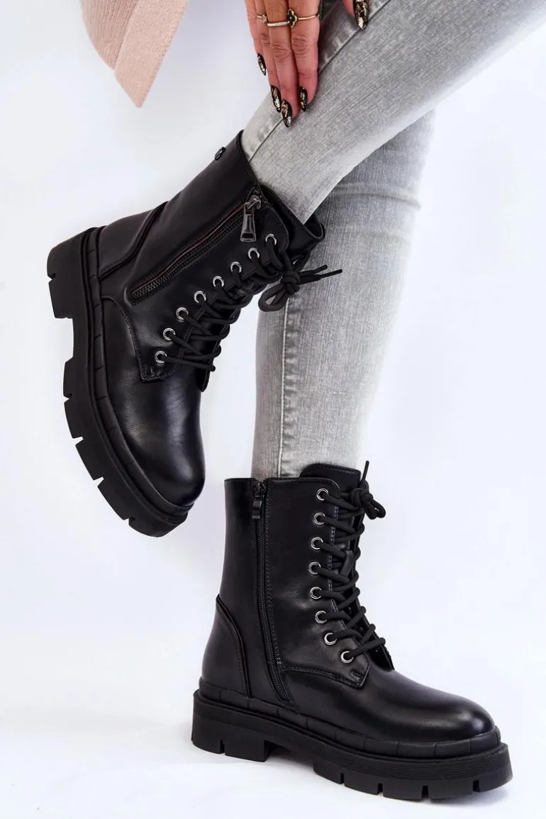 Damskie Skórzane Sznurowane Botki Trapery Czarne Shanna