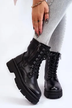 Damskie Skórzane Sznurowane Botki Trapery Czarne Shanna