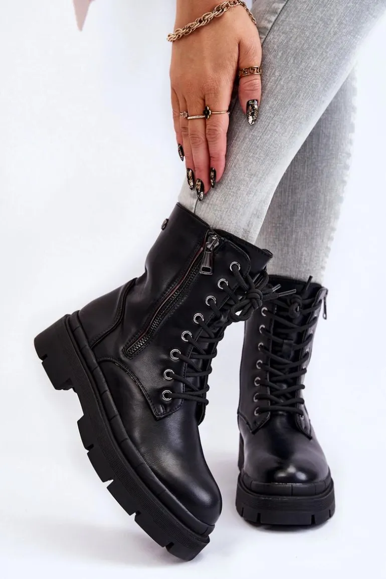Damskie Skórzane Sznurowane Botki Trapery Czarne Shanna