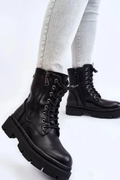 Damskie Skórzane Sznurowane Botki Trapery Czarne Shanna