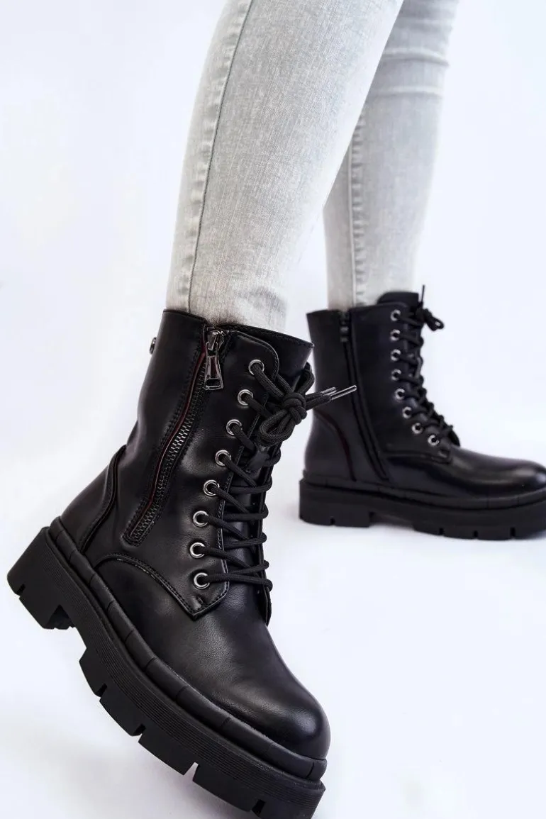 Damskie Skórzane Sznurowane Botki Trapery Czarne Shanna