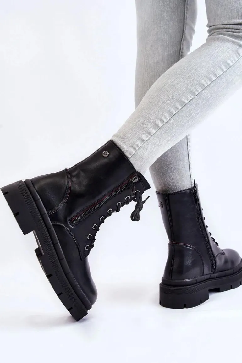 Damskie Skórzane Sznurowane Botki Trapery Czarne Shanna