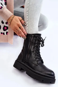 Damskie Skórzane Sznurowane Botki Trapery Czarne Shanna