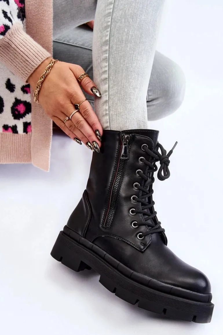 Damskie Skórzane Sznurowane Botki Trapery Czarne Shanna