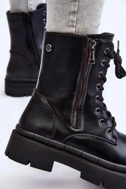 Damskie Skórzane Sznurowane Botki Trapery Czarne Shanna