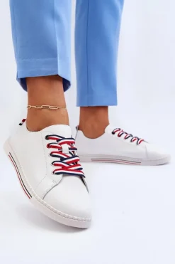 Damskie Skórzane Tenisówki Białe Litzy