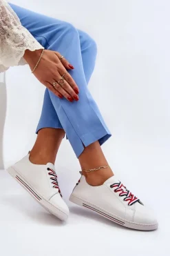 Damskie Skórzane Tenisówki Białe Litzy
