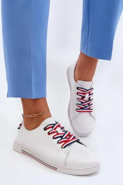 Damskie Skórzane Tenisówki Białe Litzy