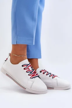 Damskie Skórzane Tenisówki Białe Litzy