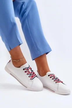 Damskie Skórzane Tenisówki Białe Litzy
