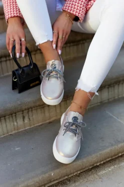 Damskie Skórzane Tenisówki Z Ozdobą Metaliczny Róż Carrey