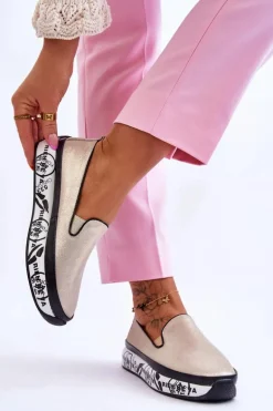 Damskie Skórzane Tenisówki Slip-On Złote Ottavia