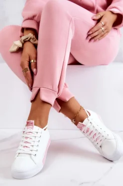 Damskie Skórzane Tenisówki Biało-Różowe Mikayla