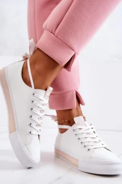 Damskie Skórzane Tenisówki Biało-Beżowe Mikayla