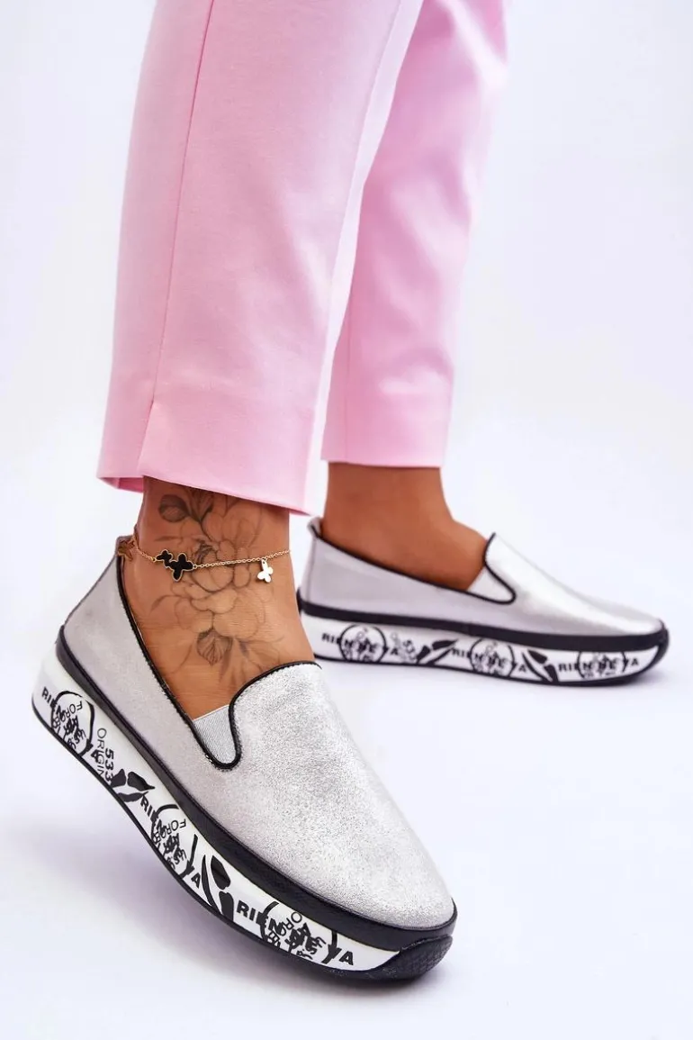 Damskie Skórzane Tenisówki Slip-On Srebrne Ottavia