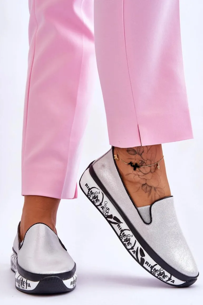 Damskie Skórzane Tenisówki Slip-On Srebrne Ottavia