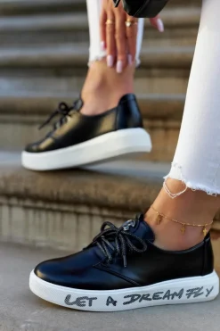 Damskie Skórzane Tenisówki Z Ozdobą Czarne Carrey