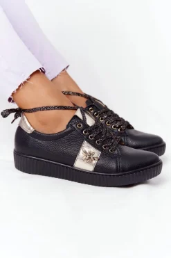 Damskie Skórzane Tenisówki Lewski Shoes 2786-0 Czarno-Złote