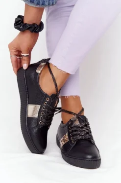 Damskie Skórzane Tenisówki Lewski Shoes 2786-0 Czarno-Złote