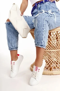 Damskie Skórzane Tenisówki BIG STAR BB274210 Biało Czerwone