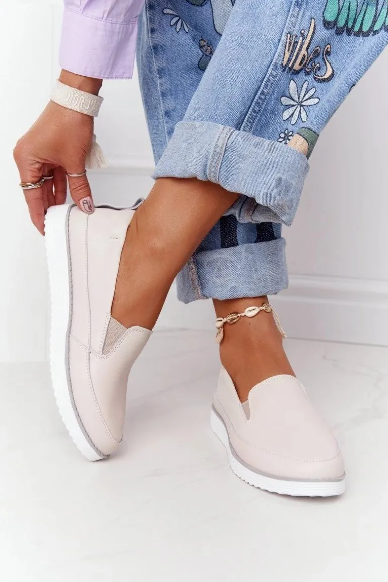 Damskie Skórzane Tenisówki Slip-On S.Barski Beżowe