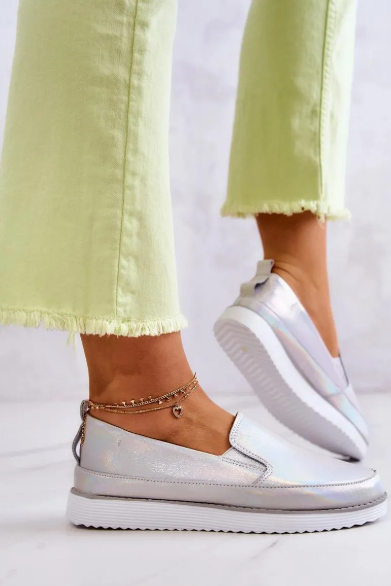 Damskie Skórzane Tenisówki Slip-On S.Barski Holograficzne Srebrne