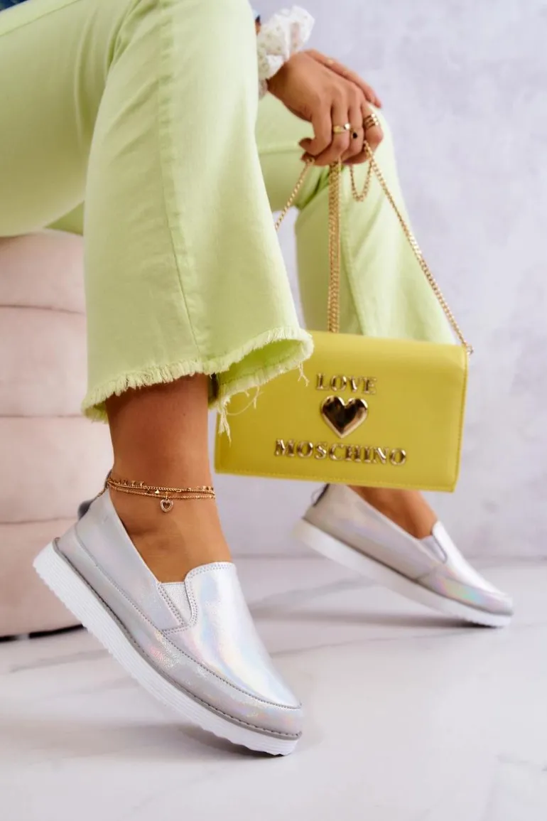 Damskie Skórzane Tenisówki Slip-On S.Barski Holograficzne Srebrne