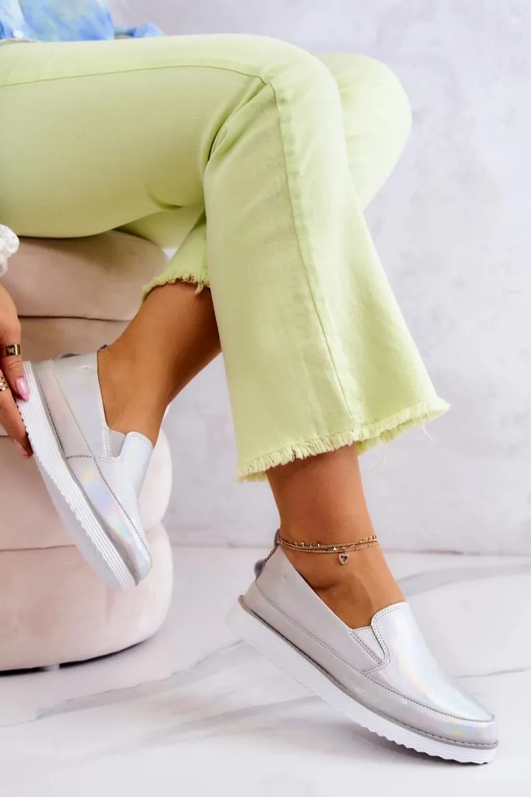 Damskie Skórzane Tenisówki Slip-On S.Barski Holograficzne Srebrne