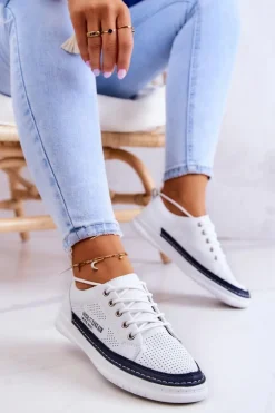 Damskie Skórzane Tenisówki Biało-Granatowe Cloesa