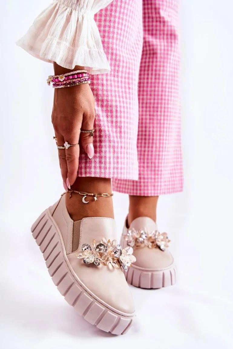 Damskie Skórzane Tenisówki Slip-On Z Ozdobą Beżowe Mirana