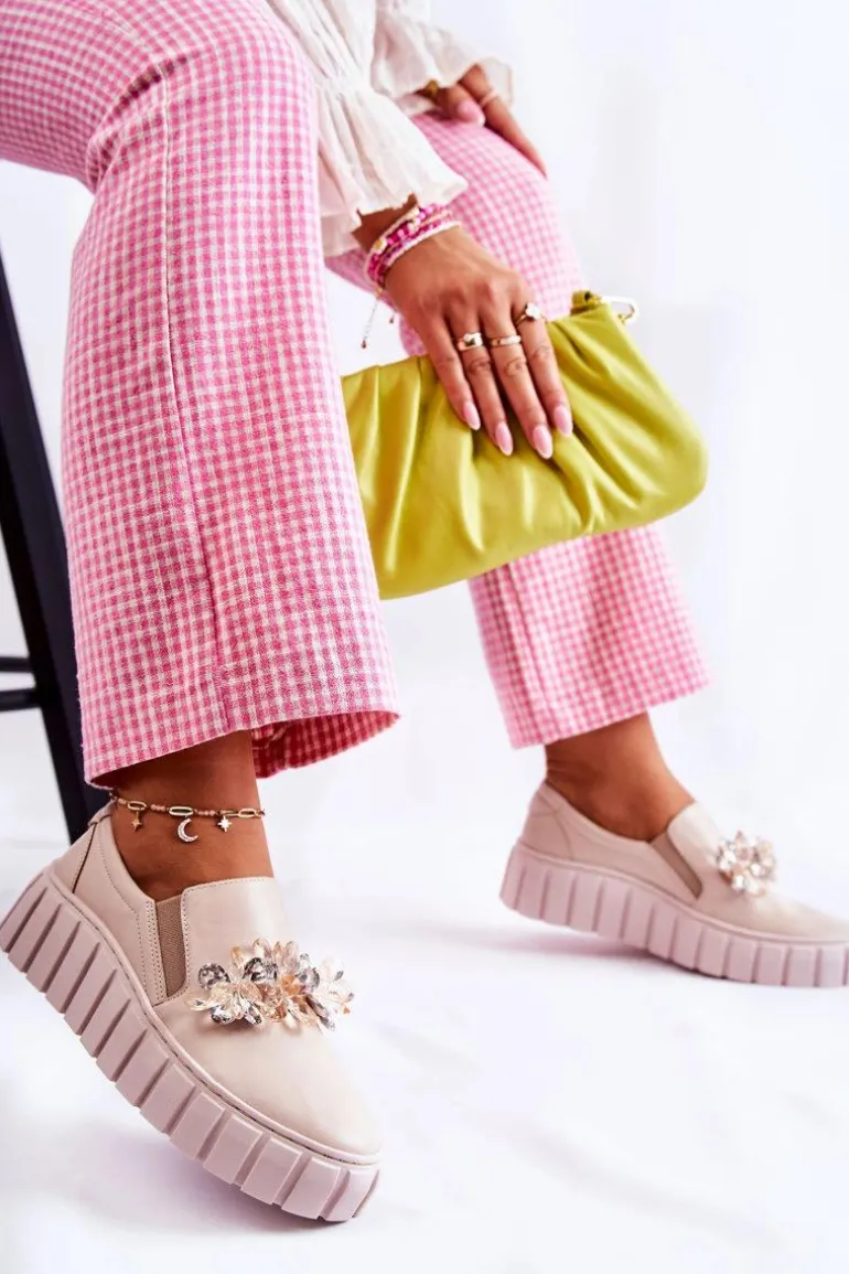 Damskie Skórzane Tenisówki Slip-On Z Ozdobą Beżowe Mirana