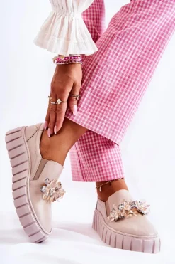 Damskie Skórzane Tenisówki Slip-On Z Ozdobą Beżowe Mirana