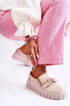 Damskie Skórzane Tenisówki Slip-On Z Ozdobą Beżowe Mirana